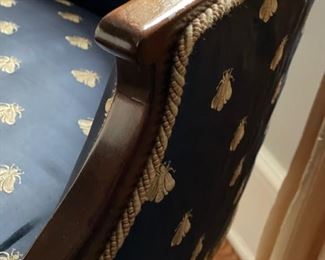 Pair of barrel back chairs upholstered in Bee fabric. Each measures 31.5" D. Photo 3 of 4.