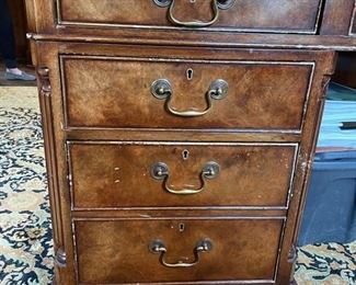 Flame Mahogany leather top desk with pull out tray. Measures 71" W x 36" D. Photo 2 of 4.