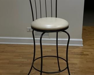 Set of 3 metal frame bar stools with vegan leather upholstered seats. Seat height is 30."