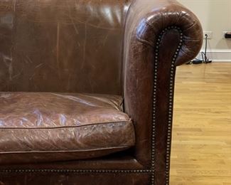Ralph Lauren leather Chesterfield sofa with nailhead trim. Measures 85" W x 38" D. Photo 4 of 6.