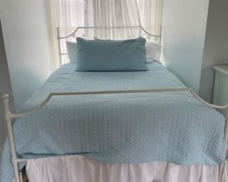 Queen-size white metal bed frame. Photo 1 of 3.