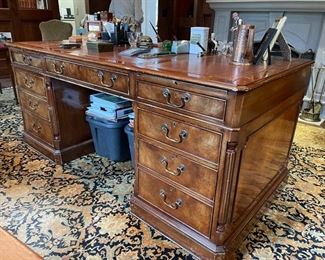 Flame Mahogany leather top desk with pull out tray. Measures 71" W x 36" D. Photo 1 of 4.