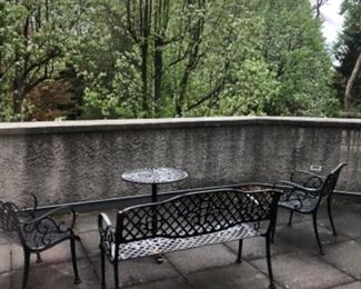 Wrought Iron Bench, 2 Wrought Iron Chairs and Wrought Iron Side Table.