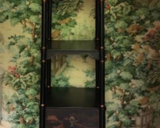 Ebony Etagere with Gilt Asian Motif. Photo 1 of 3.