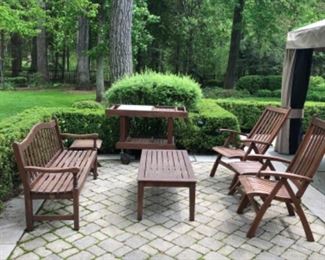 Teak Bar Cart / Server, Bench, Cocktail Table, Two Chairs & 2 Side Tables.