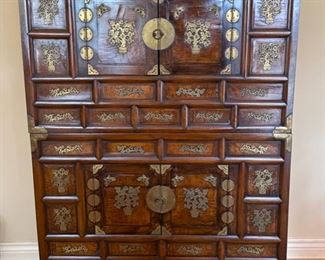Vintage Korean Tansu, Two-Pieces with Footed Base with Doors & Drawers. Measures 37" W x 17" D x 67" H. Photo 1 of 4.