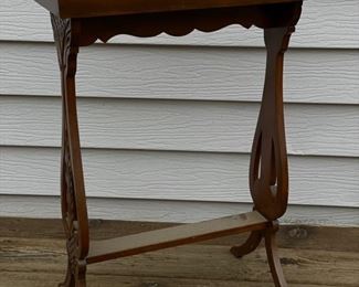 Carved Wood Side Table with Mirrored Top. Measures 5" W x 22" D x 18" W. Photo 1 of 3.