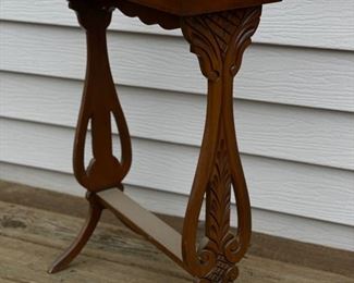 Carved Wood Side Table with Mirrored Top. Measures 5" W x 22" D x 18" W. Photo 2 of 3.