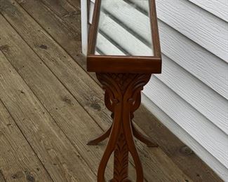 Carved Wood Side Table with Mirrored Top. Measures 5" W x 22" D x 18" W. Photo 3 of 3.