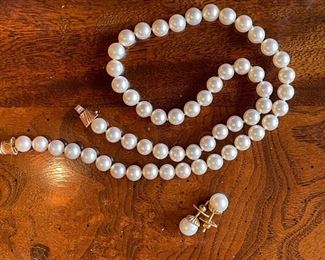 14K Yellow Gold Pierced 8.2 MM Pearl Earrings and 1 Mikimoto 7.5" Knotted Cultured Pearl Necklace.