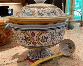 Hand-painted Italian Ceramic Tureen & Ladle. Photo 1 of 2.