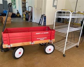 Radio Flyer Wagon and Wire Storage Rack on Casters.