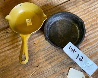 Set 2 made in Japan stamped steel and cast iron butter skillets @ 3 1/2” r
