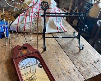 Set 3 cream colored metal plant stand, black metal newspaper stand & painted wood mirror with flowers
