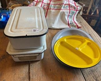 Choice 3 enamel ware - 2 cover with boxes one marked “Fridgidaire Hydrator” or granite colored plater with yellow divided plate
