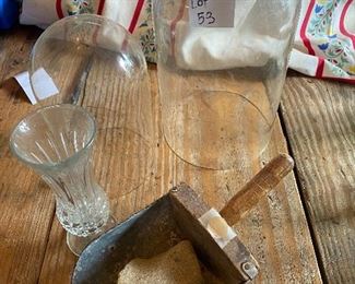 Set of 4 - 2 glass domes, glass vase & seed/feed scoop 

