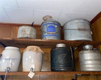 Choice of 7 - Steel City MFG water pitcher crock, unmarked crock water pitcher with cloth lid, early metal water thermos with crock lining, early aluminum water thermos with crock lining, Falls City galvanized minnow bucket complete, Sears & Roebuck minnow bucket complete, unmarked galvanized oil can
