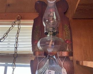 Inside thread oil lantern complete with wood wall hanger 
