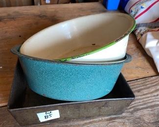 Set of 3 pans - white with green enamel, granite enamel & square metal cake

