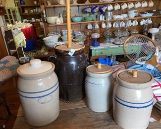 Choice of 4 crocks - glazed 1 handle butter churn marked “3”, 2 blue line crocks with hand made wood lid, no 2 Marshall pottery near perfect with lid
