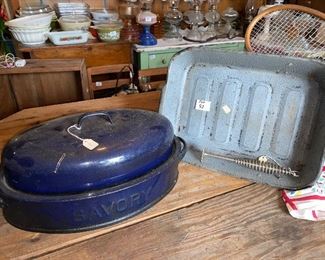 Set of 3 - blue “Savory” covered roaster, enamel pan and tool
