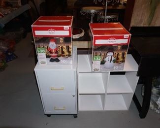 Christmas blow ups , file cabinet, cubby