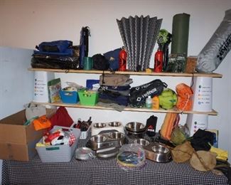 dog bowls and toys,  Camping gear and supplies