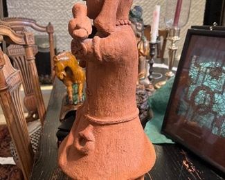 Japanese Haniwa Falconer Coil pottery burial figure 19" high 8" deep