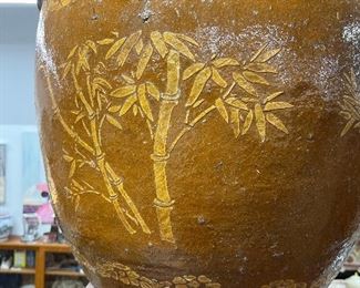 Large Chinese Earthenware Egg Pot 19" High. Bamboo design Means Good Luck