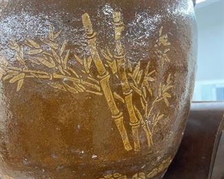 Large Chinese Earthenware Egg Pot Bamboo Design 19"\