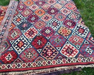 Antique Kilim 4' x 8' flat bold weave, primary colors, all natural color dyes. Normal wear for its age.