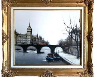 Lot 002
La Conciergerie Pont Neuf French River Seine Oil Painting Signed P. Debrety