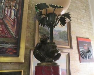 Sensational vintage cold-painted metal monkey lamp topped with an authentic ostrich egg!  What a conversation piece! 