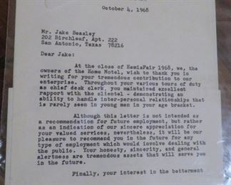 Original letter from the old Home Motel (downtown SA), thanking Jake for his service during HemisFair '68.