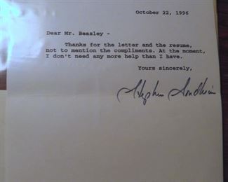 Personally signed letter to Jake from Steven Sondheim (related pamphlet inlcuded)