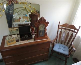3 drawer Dresser w/square mirror, Rocker, Clock, made in USA