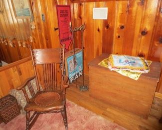 Antique small Rocker w/leather seat, Primitive Blanket chest