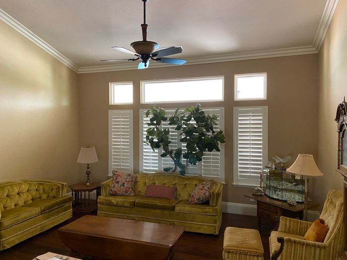 Vintage Matching Living Room set.  Couch and love seat.  Several (3) solid maple, drop leaf tables; coffee table, side table and side table with drawers.  Brass lamps 