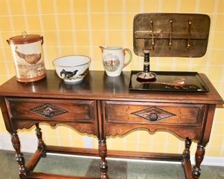 Kittinger Buffalo Worth White Table, Franklin Porcelain Game Bird Bowl, Spode Copeland "Homeward" and Gouda Holland