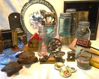 Every box was filled with a variety of treasures....tin toys,  tin banks, wooden ware, glassware, pictures....all antique 
