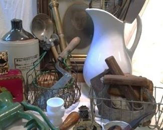 Ironstone, advertising crock jug kitchen utensils and a green enameled meat grinder