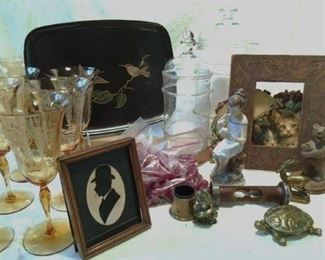 Fostoria stemware, apothecary jars, and folkart items