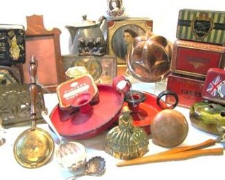 Advertising tins, granite wear, copper molds, brass and the 3 monkey's