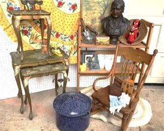 Antique oak youth rocking chair,.  Lots of Dakin stuffed animals...1960's, 70's & 80's.  