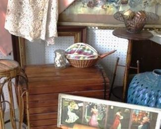 Old wooden pet carrier, framed art work, linens and more