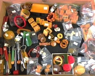 Several showcases and tables of bakelite available....jewelry, figurines, utensils, game pieces, sewing items, buttons, parts and pieces