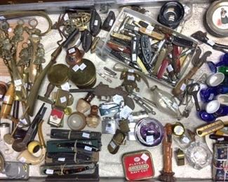 Straight razors, lighters, pocket knives, eye wash cup, advertising tin and much more