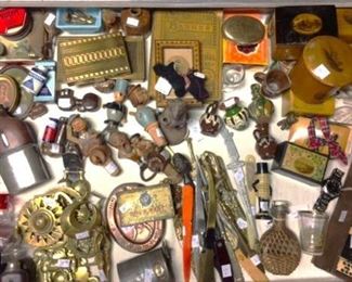 Antique mauchline and treen ware, letter opener collection, advertising tins, bottle toppers, miniature pottery, bass and much more