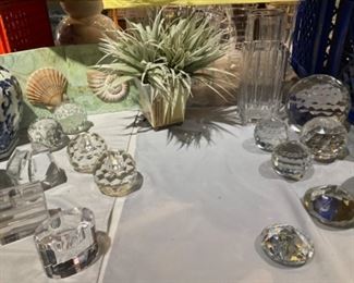 Assortment of Glass & Prism Paperweights, Candle Holders and Beach Decor