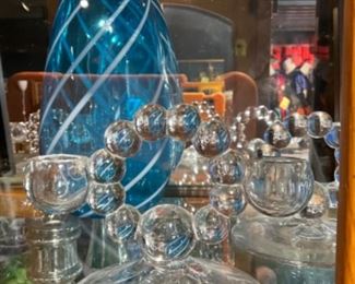 Glass Candlestick Holders 2 Pairs Available and Blue Vase with White Accents